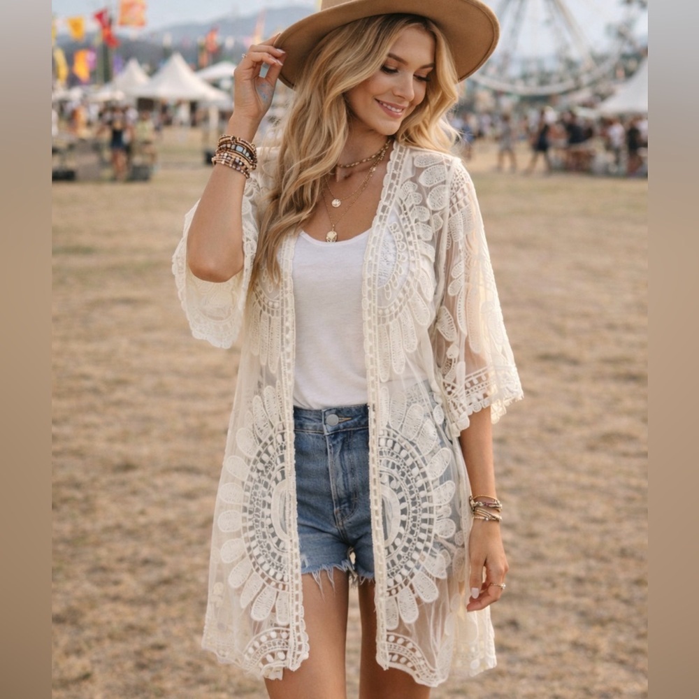 Rebellion Ivory Lace Kimono Cardigan Boho Festival Duster Cover Up Size L